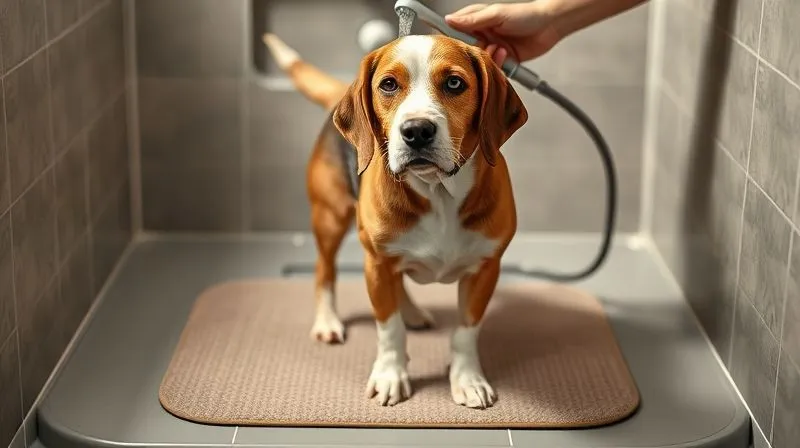Photorealistic image of a low-entry, non-slip pet bathing station with an elderly beagle dog comfortably standing on a soft mat. An owner is gently using a hand-held shower sprayer. The scene is well-lit, emphasizing safety and comfort. Professional photography, 8K, cinematic lighting, sharp focus on the dog, depth of field.
