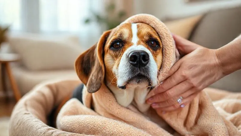 A photorealistic, professional photography shot of a senior dog, a beagle mix with a gentle expression, being gently towel-dried by an owner in a warm, cozy living room. The dog is wrapped in a soft, large towel, and the owner is carefully patting, not rubbing, its fur. Soft, diffused natural light, sharp focus on the dog and owner's hands, depth of field blurring a comfortable pet bed in the background. 8K hyper-detailed, shot on a high-end DSLR. A photorealistic, professional photography shot of a senior dog, a beagle mix with a gentle expression, being gently towel-dried by an owner in a warm, cozy living room. The dog is wrapped in a soft, large towel, and the owner is carefully patting, not rubbing, its fur. Soft, diffused natural light, sharp focus on the dog and owner's hands, depth of field blurring a comfortable pet bed in the background. 8K hyper-detailed, shot on a high-end DSLR.