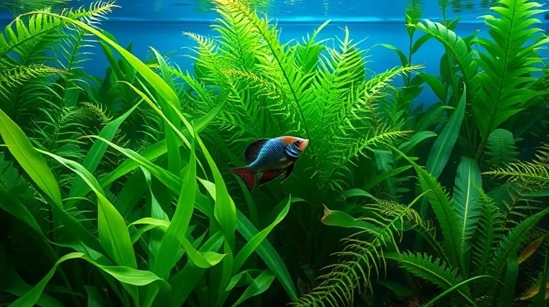 A vibrant, photorealistic underwater scene in a freshwater aquarium, filled with lush, healthy green aquatic plants like Anubias, Java Fern, and Vallisneria. The plants create dense visual barriers and soft hiding spots. A small, tranquil elderly Betta fish is gently swimming through the foliage. Soft, diffused cinematic lighting filters through the water, highlighting the natural textures. Sharp focus on the fish and plants, with a gentle depth of field. Photorealistic, professional photography, 8K, shot on a high-end DSLR.