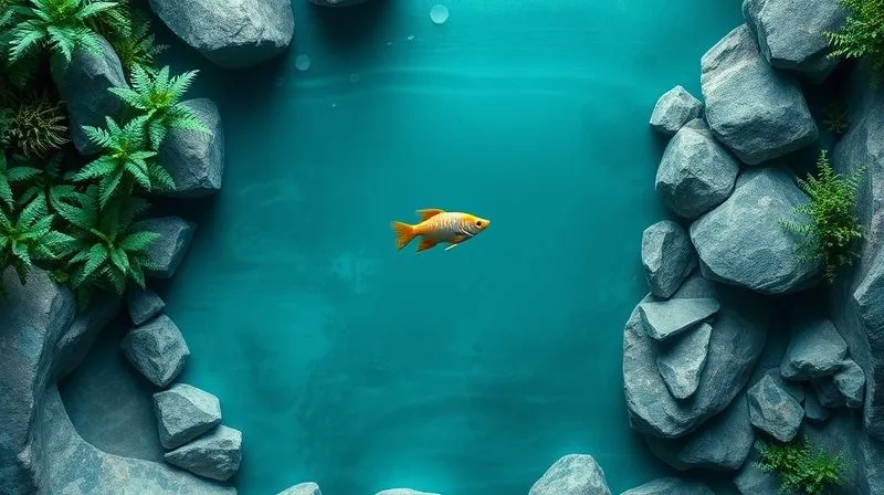 A top-down, photorealistic view of a well-designed freshwater aquarium layout. The image shows clear, open swimming lanes in the center, flanked by densely planted areas and smooth, rounded rock formations on the sides. A gentle water flow is visible, subtly directed away from designated calm zones. An elderly, tranquil Betta fish is swimming gracefully in the open space. Cinematic lighting highlights the strategic arrangement. Photorealistic, professional photography, 8K, shot on a high-end DSLR.