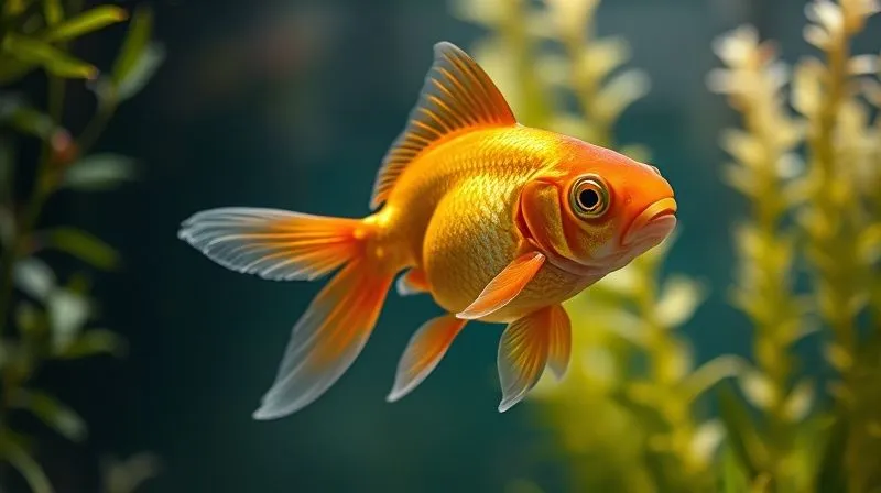 A close-up, photorealistic image of a vibrant, healthy elderly goldfish swimming calmly and confidently in a well-planted aquarium. Its fins are extended and relaxed, and its colors are bright. The fish is navigating a clear path between soft aquatic plants. The lighting is gentle and warm. Sharp focus on the fish, with a soft depth of field. Photorealistic, professional photography, 8K, shot on a high-end DSLR.