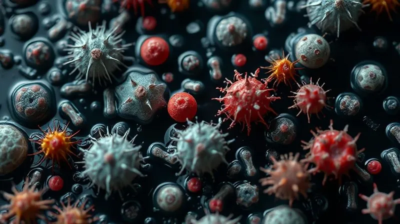 A microscopic view of various bacteria and fungi shapes, stylized to look menacing yet scientifically accurate, on a dark, wet surface, cinematic lighting, 8K hyper-detailed.