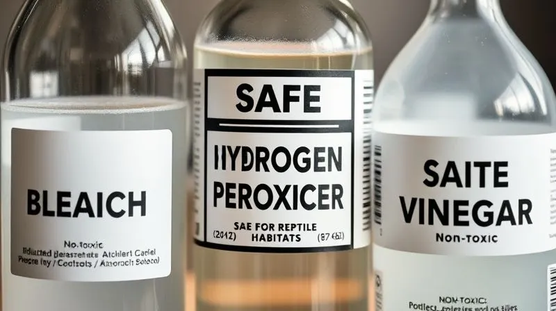 A close-up, photorealistic shot of three labeled bottles: one for diluted bleach, one for hydrogen peroxide, and one for white vinegar, all clearly indicating "safe for reptile habitats" or "non-toxic". Cinematic lighting, sharp focus, 8K, depth of field.