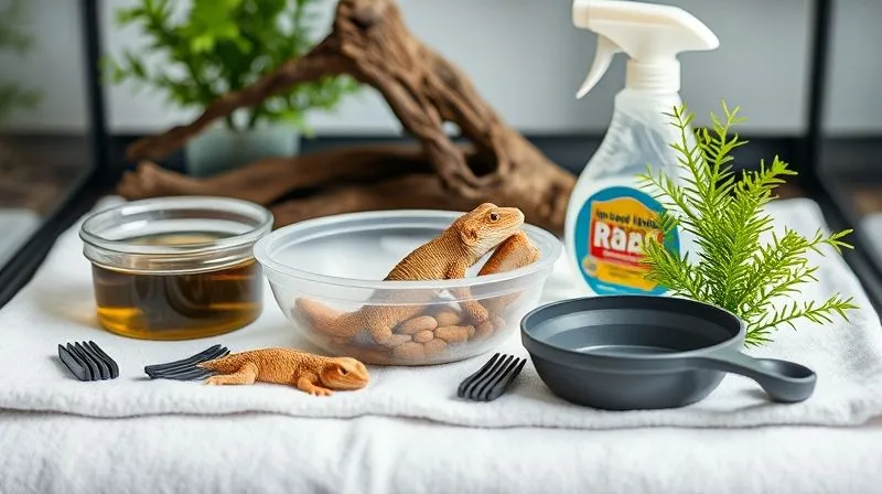 A collection of reptile terrarium accessories (water dish, rock hide, artificial plant) neatly arranged on a clean, white towel, with a spray bottle of diluted disinfectant in the background. Photorealistic, professional photography, 8K, cinematic lighting, sharp focus, depth of field.
