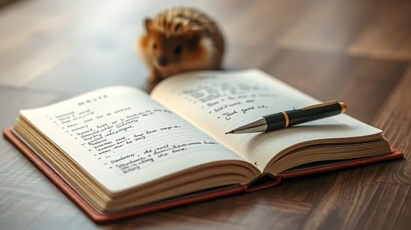 A photorealistic image of an open, well-organized journal or notebook with handwritten entries about pet care, beside it a pen, and in the background, out of focus, a small, elderly exotic mammal (e.g., a chinchilla or hedgehog) looking peacefully. Professional photography, 8K, cinematic lighting, sharp focus on the journal, depth of field, shot on a high-end DSLR. A photorealistic image of an open, well-organized journal or notebook with handwritten entries about pet care, beside it a pen, and in the background, out of focus, a small, elderly exotic mammal (e.g., a chinchilla or hedgehog) looking peacefully. Professional photography, 8K, cinematic lighting, sharp focus on the journal, depth of field, shot on a high-end DSLR.