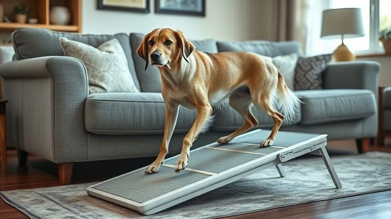 A photorealistic, professional photography, 8K, cinematic lighting, sharp focus, depth of field, shot on a high-end DSLR, of an elderly Saluki dog comfortably using a mobility ramp to get onto a sofa. The environment is a cozy living room, showing adaptations for senior pets, conveying comfort and thoughtful care. The dog looks peaceful and well-supported.