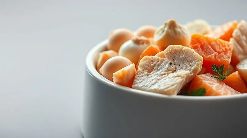 A photorealistic close-up of a bowl containing a mix of high-quality, lean protein sources for pets, such as cooked chicken breast, salmon fillets, and scrambled eggs, artfully arranged on a clean, modern pet bowl. Cinematic lighting highlights the textures and freshness of the food, 8K, sharp focus, depth of field blurring a neutral background. Professional photography, shot on a high-end DSLR. A photorealistic close-up of a bowl containing a mix of high-quality, lean protein sources for pets, such as cooked chicken breast, salmon fillets, and scrambled eggs, artfully arranged on a clean, modern pet bowl. Cinematic lighting highlights the textures and freshness of the food, 8K, sharp focus, depth of field blurring a neutral background. Professional photography, shot on a high-end DSLR.