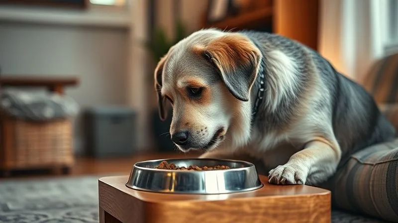A photorealistic image of a senior dog comfortably eating from an elevated pet bowl in a cozy, well-lit corner of a home. The dog appears calm and content, with soft cinematic lighting. Sharp focus on the dog and bowl, depth of field blurring the background. Professional photography, 8K, shot on a high-end DSLR. A photorealistic image of a senior dog comfortably eating from an elevated pet bowl in a cozy, well-lit corner of a home. The dog appears calm and content, with soft cinematic lighting. Sharp focus on the dog and bowl, depth of field blurring the background. Professional photography, 8K, shot on a high-end DSLR.