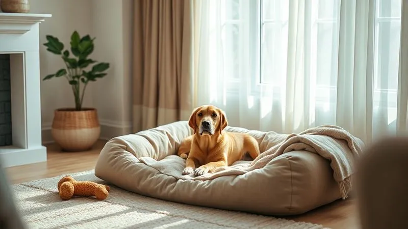 A photorealistic image of a cozy, sunlit corner of a living room, with a soft, orthopedic dog bed, a worn blanket, and a few favorite toys. There's a subtle, warm glow, indicating safety and comfort. Sharp focus on the inviting pet area, depth of field blurring the background. 8K hyper-detailed, professional photography, cinematic lighting, shot on a high-end DSLR. A photorealistic image of a cozy, sunlit corner of a living room, with a soft, orthopedic dog bed, a worn blanket, and a few favorite toys. There's a subtle, warm glow, indicating safety and comfort. Sharp focus on the inviting pet area, depth of field blurring the background. 8K hyper-detailed, professional photography, cinematic lighting, shot on a high-end DSLR.