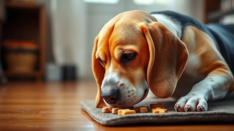 A photorealistic image of a senior Beagle, with a grey muzzle, gently sniffing a 'snuffle mat' filled with hidden treats, its eyes focused and engaged. The setting is a warm, indoor environment with soft, diffused lighting. Sharp focus on the dog and the snuffle mat, depth of field blurring the background. 8K hyper-detailed, professional photography, cinematic lighting, shot on a high-end DSLR. A photorealistic image of a senior Beagle, with a grey muzzle, gently sniffing a 'snuffle mat' filled with hidden treats, its eyes focused and engaged. The setting is a warm, indoor environment with soft, diffused lighting. Sharp focus on the dog and the snuffle mat, depth of field blurring the background. 8K hyper-detailed, professional photography, cinematic lighting, shot on a high-end DSLR.