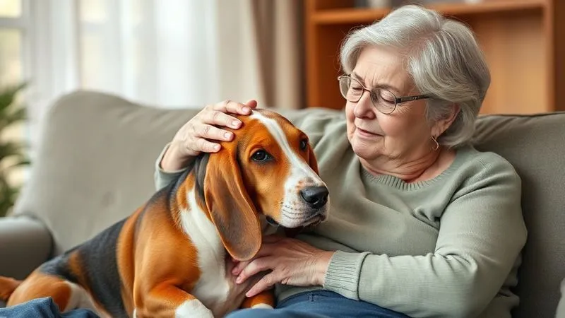A photorealistic image of a senior woman gently stroking the head of a calm, senior Basset Hound, both sitting on a comfortable sofa. The woman's face shows tenderness and a hint of relief, while the dog looks content. Soft, warm lighting, sharp focus on the interaction, depth of field blurring the background. 8K hyper-detailed, professional photography, cinematic lighting, shot on a high-end DSLR. A photorealistic image of a senior woman gently stroking the head of a calm, senior Basset Hound, both sitting on a comfortable sofa. The woman's face shows tenderness and a hint of relief, while the dog looks content. Soft, warm lighting, sharp focus on the interaction, depth of field blurring the background. 8K hyper-detailed, professional photography, cinematic lighting, shot on a high-end DSLR.