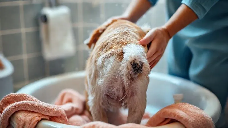 A photorealistic, professional photography, 8K, cinematic lighting, sharp focus, depth of field, shot on a high-end DSLR of a caring owner gently giving a localized bath to an elderly dog, focusing on the hindquarters. The dog looks calm and comfortable, surrounded by soft towels and pet-friendly bathing products. The scene conveys tenderness and meticulous care. A photorealistic, professional photography, 8K, cinematic lighting, sharp focus, depth of field, shot on a high-end DSLR of a caring owner gently giving a localized bath to an elderly dog, focusing on the hindquarters. The dog looks calm and comfortable, surrounded by soft towels and pet-friendly bathing products. The scene conveys tenderness and meticulous care.