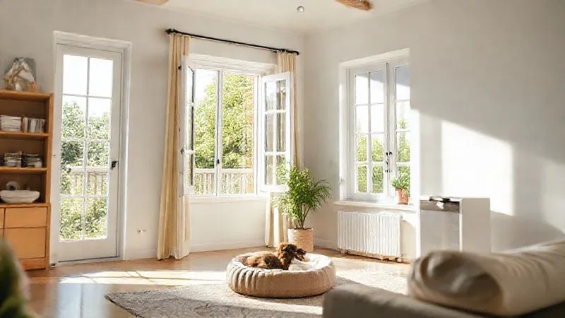 A photorealistic, professional photography, 8K, cinematic lighting, sharp focus, depth of field, shot on a high-end DSLR of a bright, airy living room with an open window, sunlight streaming in, and a modern air purifier quietly operating in the corner. The room is clean and inviting, with a comfortable pet bed visible, conveying a fresh and healthy environment. A photorealistic, professional photography, 8K, cinematic lighting, sharp focus, depth of field, shot on a high-end DSLR of a bright, airy living room with an open window, sunlight streaming in, and a modern air purifier quietly operating in the corner. The room is clean and inviting, with a comfortable pet bed visible, conveying a fresh and healthy environment.