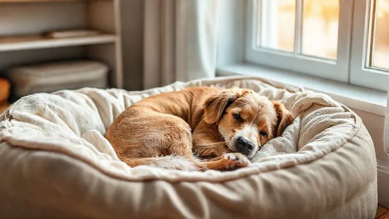 A photorealistic, professional photography, 8K, cinematic lighting, sharp focus, depth of field, shot on a high-end DSLR of a cozy, adapted pet bed with soft, clean blankets, positioned near a window with warm natural light. An elderly, peaceful-looking dog is curled up on the bed, feeling secure and comfortable. The scene emphasizes an environment designed for the well-being of a senior pet. A photorealistic, professional photography, 8K, cinematic lighting, sharp focus, depth of field, shot on a high-end DSLR of a cozy, adapted pet bed with soft, clean blankets, positioned near a window with warm natural light. An elderly, peaceful-looking dog is curled up on the bed, feeling secure and comfortable. The scene emphasizes an environment designed for the well-being of a senior pet.
