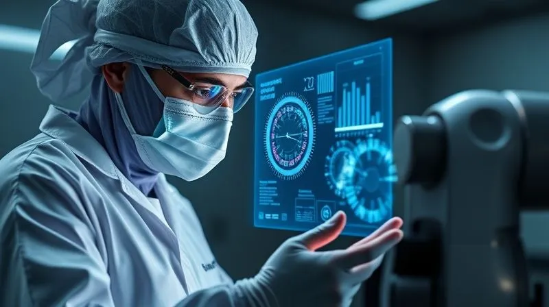 photorealistic, professional photography, 8K, cinematic lighting, sharp focus, depth of field, shot on a high-end DSLR. A highly skilled surgeon or scientist, wearing protective gear, meticulously analyzing complex data on a futuristic, transparent holographic display, while a robotic arm in the background assists with precision tasks without human intervention, symbolizing advanced technology augmenting human expertise. photorealistic, professional photography, 8K, cinematic lighting, sharp focus, depth of field, shot on a high-end DSLR. A highly skilled surgeon or scientist, wearing protective gear, meticulously analyzing complex data on a futuristic, transparent holographic display, while a robotic arm in the background assists with precision tasks without human intervention, symbolizing advanced technology augmenting human expertise.