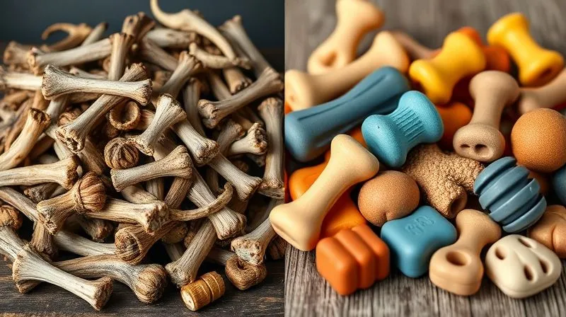 A photorealistic side-by-side comparison image: on the left, a pile of hard, sharp deer antlers and brittle bones; on the right, a selection of soft, flexible rubber and silicone chew toys designed for senior dogs. Clear contrast, cinematic lighting, sharp focus on both sides, depth of field separating them. Professional photography, 8K, shot on a high-end DSLR. A photorealistic side-by-side comparison image: on the left, a pile of hard, sharp deer antlers and brittle bones; on the right, a selection of soft, flexible rubber and silicone chew toys designed for senior dogs. Clear contrast, cinematic lighting, sharp focus on both sides, depth of field separating them. Professional photography, 8K, shot on a high-end DSLR.
