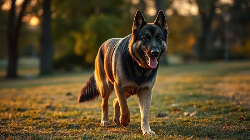 A photorealistic image of a senior dog, a majestic German Shepherd, walking slowly but confidently on a soft grass path in a park at sunset. The dog's posture is stable, and its eyes convey peace and contentment. Soft, warm cinematic lighting bathes the scene, creating a sense of hope and well-being. Sharp focus on the dog, depth of field blurring the background trees. 8K, professional photography, shot on a high-end DSLR.