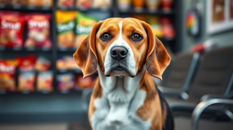 A photorealistic image of a senior dog, a wise-looking Beagle, sitting thoughtfully in a veterinary clinic waiting room, with a variety of colorful but potentially misleading pet food and snack packages displayed on a shelf in the blurred background. The dog's expression is one of slight uncertainty or contemplation. Cinematic lighting, sharp focus on the dog, depth of field blurring the background. 8K, professional photography, shot on a high-end DSLR.