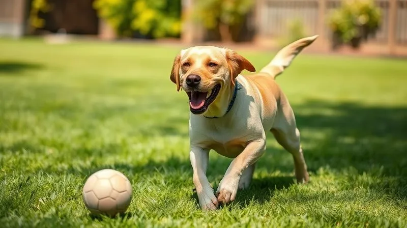 A photorealistic image of a senior dog, a dignified Labrador Retriever, playfully chasing a slow-moving ball in a sunlit backyard, its movements fluid and happy. The dog's expression is joyful and energetic. The grass is lush green, and the background is softly blurred. Cinematic lighting, sharp focus on the dog, depth of field. 8K, professional photography, shot on a high-end DSLR.