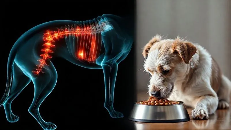 Photorealistic image of an X-ray showing a dog's spine and joints, highlighting areas of inflammation or degeneration (stylized for clarity), juxtaposed with an image of a senior dog comfortably eating from an elevated bowl. Cinematic lighting, scientific and empathetic tone, 8K hyper-detailed, professional photography, shot on a high-end DSLR. Photorealistic image of an X-ray showing a dog's spine and joints, highlighting areas of inflammation or degeneration (stylized for clarity), juxtaposed with an image of a senior dog comfortably eating from an elevated bowl. Cinematic lighting, scientific and empathetic tone, 8K hyper-detailed, professional photography, shot on a high-end DSLR.