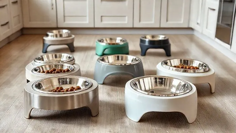 Photorealistic image of a variety of elevated dog bowls made from different materials (stainless steel, ceramic, sturdy plastic), with different designs (adjustable, fixed, slow feeder), arranged neatly on a clean kitchen floor. Soft, natural lighting, sharp focus, 8K hyper-detailed, professional photography, shot on a high-end DSLR. Photorealistic image of a variety of elevated dog bowls made from different materials (stainless steel, ceramic, sturdy plastic), with different designs (adjustable, fixed, slow feeder), arranged neatly on a clean kitchen floor. Soft, natural lighting, sharp focus, 8K hyper-detailed, professional photography, shot on a high-end DSLR.
