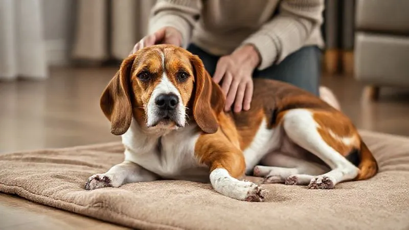 A photorealistic image of a senior dog, a beagle mix, comfortably lying on a soft, padded mat with a gentle owner kneeling beside it, slowly and tenderly brushing its fur. The scene is calm and well-lit, showing a strong bond and trust between the dog and the owner. Cinematic lighting, sharp focus on the interaction, depth of field, 8K, professional photography. A photorealistic image of a senior dog, a beagle mix, comfortably lying on a soft, padded mat with a gentle owner kneeling beside it, slowly and tenderly brushing its fur. The scene is calm and well-lit, showing a strong bond and trust between the dog and the owner. Cinematic lighting, sharp focus on the interaction, depth of field, 8K, professional photography.