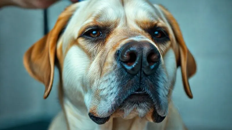 A photorealistic close-up of a senior dog's face, possibly a Labrador, showing subtle signs of discomfort during grooming: slightly narrowed eyes, a tense mouth, and a slight wrinkle on the forehead. The background is softly blurred, focusing on the dog's expression. Cinematic lighting, sharp focus, depth of field, 8K, professional photography. A photorealistic close-up of a senior dog's face, possibly a Labrador, showing subtle signs of discomfort during grooming: slightly narrowed eyes, a tense mouth, and a slight wrinkle on the forehead. The background is softly blurred, focusing on the dog's expression. Cinematic lighting, sharp focus, depth of field, 8K, professional photography.