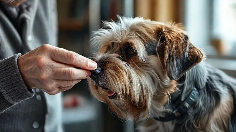 A photorealistic, professional photography, 8K, cinematic lighting, sharp focus, depth of field, shot on a high-end DSLR, of an elderly woman gently offering a small treat to her senior dog (a mixed breed with graying muzzle) during a grooming session. The dog looks happy and engaged, and the woman's hand is tender. The scene emphasizes positive reinforcement and patience. A photorealistic, professional photography, 8K, cinematic lighting, sharp focus, depth of field, shot on a high-end DSLR, of an elderly woman gently offering a small treat to her senior dog (a mixed breed with graying muzzle) during a grooming session. The dog looks happy and engaged, and the woman's hand is tender. The scene emphasizes positive reinforcement and patience.