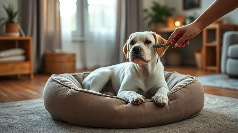 photorealistic, professional photography, 8K, cinematic lighting, sharp focus, depth of field, shot on a high-end DSLR, a cozy, calm room interior with soft natural light, a comfortable orthopedic dog bed on a non-slip rug, a gentle hand reaching for a soft brush, creating a serene and inviting atmosphere for an elderly dog. photorealistic, professional photography, 8K, cinematic lighting, sharp focus, depth of field, shot on a high-end DSLR, a cozy, calm room interior with soft natural light, a comfortable orthopedic dog bed on a non-slip rug, a gentle hand reaching for a soft brush, creating a serene and inviting atmosphere for an elderly dog.