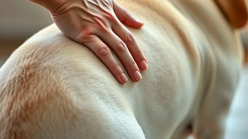 photorealistic, professional photography, 8K, cinematic lighting, sharp focus, depth of field, shot on a high-end DSLR, a close-up of a human hand gently brushing the back of an elderly, calm labrador retriever. The hand is supporting the dog's hip area, demonstrating proper technique to avoid discomfort. The dog's fur is soft and well-groomed, and its expression is peaceful. photorealistic, professional photography, 8K, cinematic lighting, sharp focus, depth of field, shot on a high-end DSLR, a close-up of a human hand gently brushing the back of an elderly, calm labrador retriever. The hand is supporting the dog's hip area, demonstrating proper technique to avoid discomfort. The dog's fur is soft and well-groomed, and its expression is peaceful.