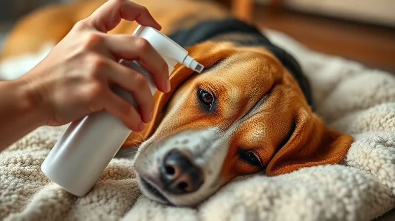 photorealistic, professional photography, 8K, cinematic lighting, sharp focus, depth of field, shot on a high-end DSLR, a gentle human hand applying a waterless shampoo spray to the fur of an elderly, calm beagle lying on a soft blanket. The scene conveys care and comfort, with emphasis on the alternative grooming method. photorealistic, professional photography, 8K, cinematic lighting, sharp focus, depth of field, shot on a high-end DSLR, a gentle human hand applying a waterless shampoo spray to the fur of an elderly, calm beagle lying on a soft blanket. The scene conveys care and comfort, with emphasis on the alternative grooming method.