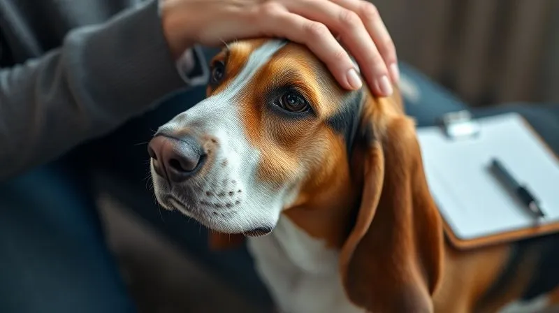 photorealistic, professional photography, 8K, cinematic lighting, sharp focus, depth of field, shot on a high-end DSLR, a senior dog (e.g., a Basset Hound) looking calmly at its human, who is gently stroking its head. The scene emphasizes the bond and trust built through consistent, gentle care. A small notebook and pen are visible in the background, subtly suggesting monitoring and record-keeping. photorealistic, professional photography, 8K, cinematic lighting, sharp focus, depth of field, shot on a high-end DSLR, a senior dog (e.g., a Basset Hound) looking calmly at its human, who is gently stroking its head. The scene emphasizes the bond and trust built through consistent, gentle care. A small notebook and pen are visible in the background, subtly suggesting monitoring and record-keeping.