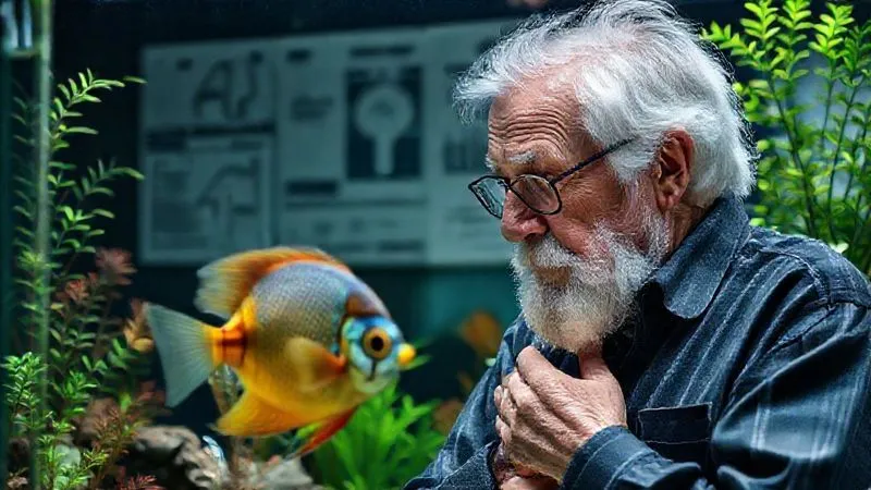 A photorealistic image of a wise, elderly aquarist gently observing a vibrant, healthy discus fish in a crystal-clear, well-planted aquarium, with scientific charts and notes in the background, conveying deep understanding and dedication. Professional photography, 8K, cinematic lighting, sharp focus on the fish and the aquarist's contemplative expression, depth of field blurring the background, shot on a high-end DSLR. A photorealistic image of a wise, elderly aquarist gently observing a vibrant, healthy discus fish in a crystal-clear, well-planted aquarium, with scientific charts and notes in the background, conveying deep understanding and dedication. Professional photography, 8K, cinematic lighting, sharp focus on the fish and the aquarist's contemplative expression, depth of field blurring the background, shot on a high-end DSLR.