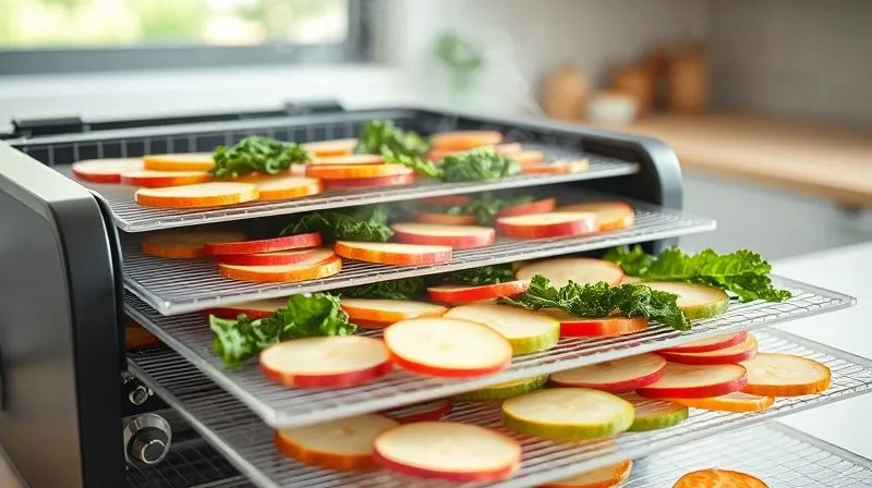 A professional photography shot of a modern, sleek food dehydrator in action, with trays filled with colorful, thinly sliced fruits and vegetables (like vibrant kale chips and translucent apple slices). Steam is subtly rising, indicating the drying process. The background is a clean, minimalist kitchen setting with soft, natural light, emphasizing efficiency and natural preservation. Sharp focus on the dehydrator and its contents, with a gentle depth of field, 8K hyper-detailed. A professional photography shot of a modern, sleek food dehydrator in action, with trays filled with colorful, thinly sliced fruits and vegetables (like vibrant kale chips and translucent apple slices). Steam is subtly rising, indicating the drying process. The background is a clean, minimalist kitchen setting with soft, natural light, emphasizing efficiency and natural preservation. Sharp focus on the dehydrator and its contents, with a gentle depth of field, 8K hyper-detailed.