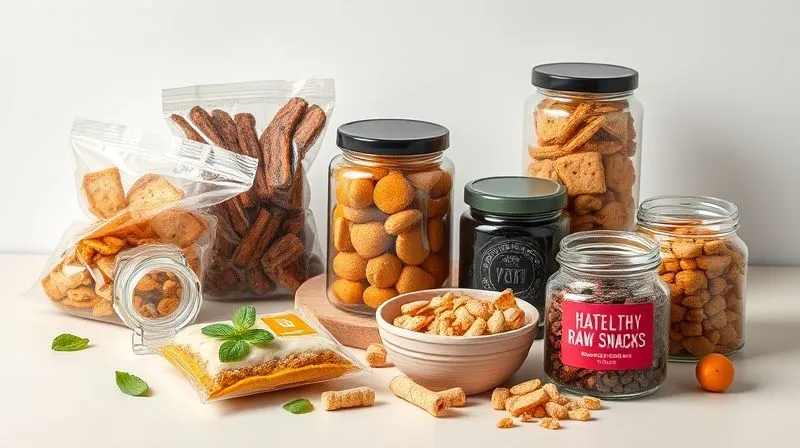 A photorealistic, professional photography image showcasing various healthy raw snacks meticulously packaged. Some snacks are in clear vacuum-sealed bags, displaying their freshness, while others are in elegant, dark glass jars with airtight lids. The arrangement is clean and organized on a light-colored, minimalist surface, emphasizing careful preservation and extended shelf life. Soft, diffused lighting highlights the textures and colors of the snacks. Sharp focus on the packaging, with a subtle depth of field. Shot on a high-end DSLR, 8K hyper-detailed. A photorealistic, professional photography image showcasing various healthy raw snacks meticulously packaged. Some snacks are in clear vacuum-sealed bags, displaying their freshness, while others are in elegant, dark glass jars with airtight lids. The arrangement is clean and organized on a light-colored, minimalist surface, emphasizing careful preservation and extended shelf life. Soft, diffused lighting highlights the textures and colors of the snacks. Sharp focus on the packaging, with a subtle depth of field. Shot on a high-end DSLR, 8K hyper-detailed.