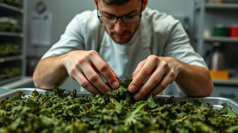 A photorealistic image of a person, with an air of expertise, meticulously inspecting a batch of dehydrated kale chips. Their hands are gently sifting through the chips, checking for crispness and consistency. The background shows a clean, well-organized kitchen or small-scale production area, with notes and a timer visible, emphasizing a scientific and careful approach to food preservation. Cinematic lighting highlights the texture of the snacks and the focused expression of the person. Sharp focus on the hands and snacks, with depth of field blurring the background. Shot on a high-end DSLR, 8K hyper-detailed. A photorealistic image of a person, with an air of expertise, meticulously inspecting a batch of dehydrated kale chips. Their hands are gently sifting through the chips, checking for crispness and consistency. The background shows a clean, well-organized kitchen or small-scale production area, with notes and a timer visible, emphasizing a scientific and careful approach to food preservation. Cinematic lighting highlights the texture of the snacks and the focused expression of the person. Sharp focus on the hands and snacks, with depth of field blurring the background. Shot on a high-end DSLR, 8K hyper-detailed.
