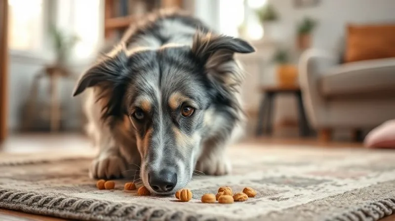 A photorealistic image of an elderly Border Collie with a grey muzzle, intensely focused on a complex sniffing mat, its nose buried in the fabric, searching for treats. The setting is a cozy living room with soft, natural light filtering through a window. Sharp focus on the dog's face and the mat, with a gentle depth of field. Professional photography, 8K, cinematic lighting, shot on a high-end DSLR.