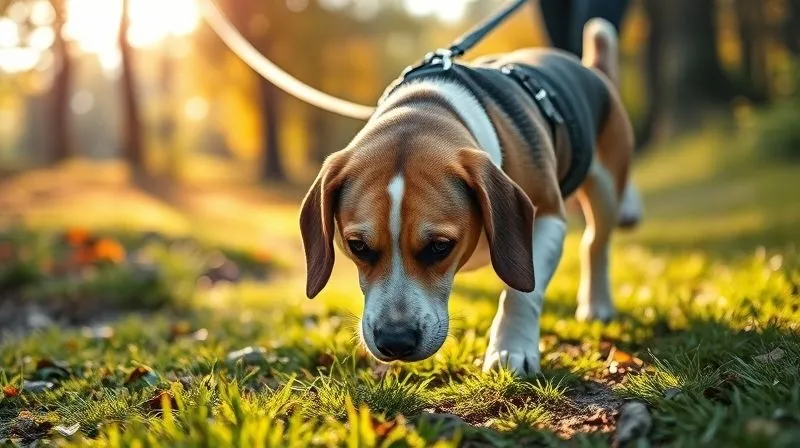 A photorealistic image of an elderly Beagle, its nose to the ground, exploring a new, grassy park trail with focused determination. The dog is on a leash, with a gentle hand guiding it. Sunlight filters through autumn leaves, creating a warm, inviting atmosphere. Sharp focus on the dog's intent expression and the textured ground, with depth of field blurring the background. Professional photography, 8K, cinematic lighting, shot on a high-end DSLR.