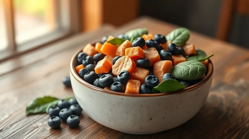 A photorealistic image of a bowl of high-quality senior dog food, enriched with colorful, natural ingredients like blueberries, salmon, and spinach, symbolizing brain health. The bowl is placed on a rustic wooden table with soft, natural light, creating a professional and appealing composition. Sharp focus on the food, with a gentle depth of field. Professional photography, 8K, cinematic lighting, shot on a high-end DSLR.