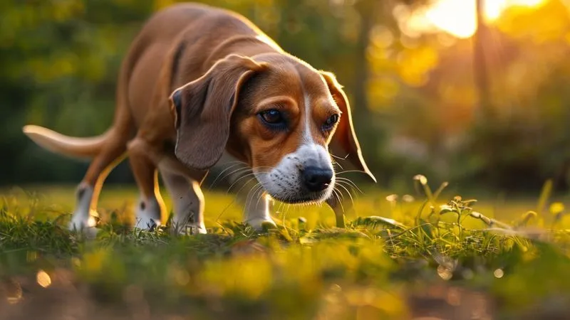 A photorealistic, professional photography, 8K image of an elderly Beagle with its nose to the ground, intensely sniffing a patch of grass in a park. Golden hour cinematic lighting, sharp focus on the dog's snout and the texture of the grass, depth of field blurring the park path, shot on a high-end DSLR, conveying deep sensory engagement and curiosity. A photorealistic, professional photography, 8K image of an elderly Beagle with its nose to the ground, intensely sniffing a patch of grass in a park. Golden hour cinematic lighting, sharp focus on the dog's snout and the texture of the grass, depth of field blurring the park path, shot on a high-end DSLR, conveying deep sensory engagement and curiosity.