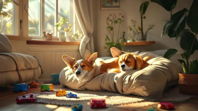 A photorealistic, professional photography, 8K image of a cozy, sunlit corner of a living room, featuring a soft, orthopedic dog bed with an elderly dog (corgi mix) comfortably napping. A few simple, safe puzzle toys are scattered nearby. Cinematic lighting, sharp focus on the dog and its immediate surroundings, depth of field blurring the background, shot on a high-end DSLR, conveying a safe, stimulating, and comfortable environment. A photorealistic, professional photography, 8K image of a cozy, sunlit corner of a living room, featuring a soft, orthopedic dog bed with an elderly dog (corgi mix) comfortably napping. A few simple, safe puzzle toys are scattered nearby. Cinematic lighting, sharp focus on the dog and its immediate surroundings, depth of field blurring the background, shot on a high-end DSLR, conveying a safe, stimulating, and comfortable environment.