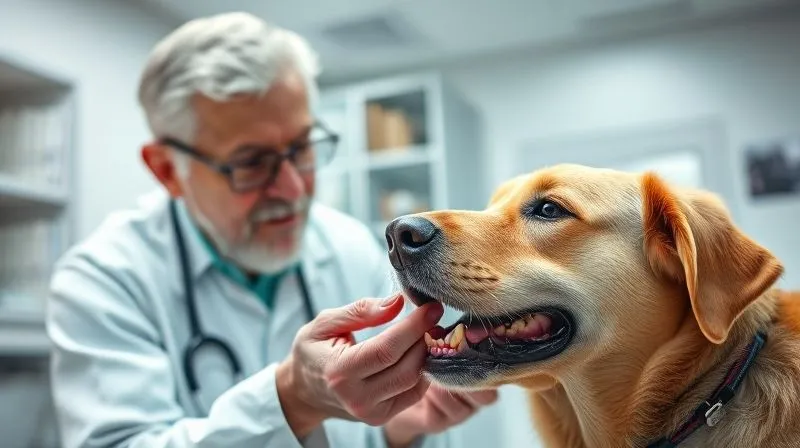 Photorealistic image of a wise, older veterinarian gently examining the teeth of a senior dog, who looks calm and trusting. The setting is a clean, modern vet clinic, with soft, professional lighting and a shallow depth of field. Shot on a high-end DSLR, 8K, cinematic.