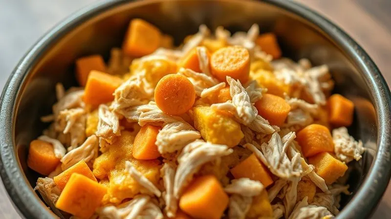 A close-up, photorealistic image of a small, inviting bowl filled with a mix of cooked, shredded chicken, mashed pumpkin, and a few pieces of soft, cooked carrot, specifically prepared for a senior dog. The food is vibrant and appealing, with soft, natural lighting emphasizing its freshness. Shot on a high-end DSLR, 8K, cinematic, sharp focus.