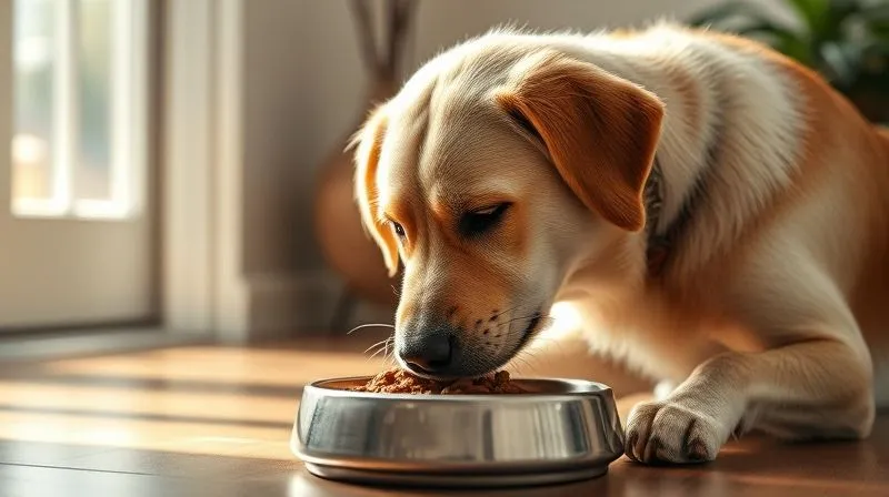 A serene, photorealistic scene of a senior dog eating peacefully from a bowl in a quiet, sunlit corner of a home. The dog looks content and focused on its food. Soft, warm lighting, sharp focus on the dog and bowl, depth of field blurring the background. Shot on a high-end DSLR, 8K, cinematic.