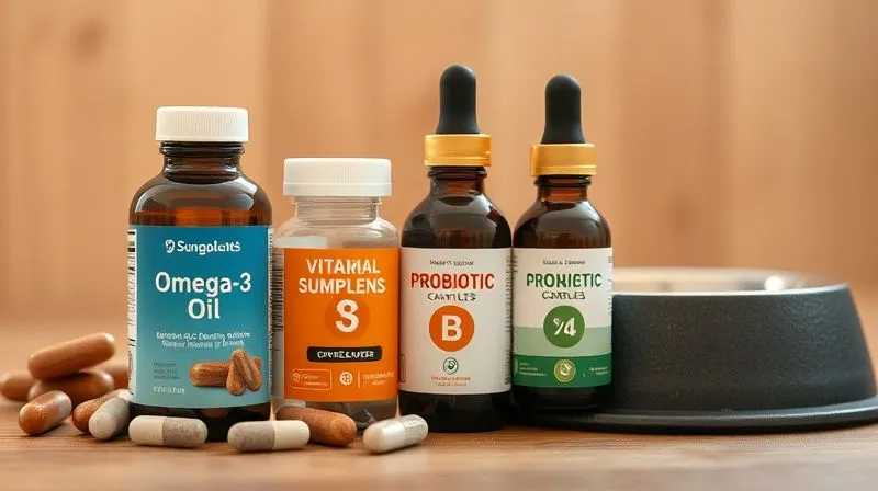 A photorealistic, detailed image of various natural pet supplements (omega-3 oil bottle, probiotic capsules, vitamin B complex drops) arranged neatly next to a small, empty dog bowl. The focus is sharp on the supplements, with a warm, inviting background. Shot on a high-end DSLR, 8K, cinematic, professional photography.
