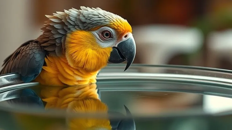 A photorealistic, professional photography of an elderly parrot looking thoughtfully at its reflection in a water bowl, with soft cinematic lighting, sharp focus on the parrot's eye, depth of field blurring the background, 8K hyper-detailed, shot on a high-end DSLR.