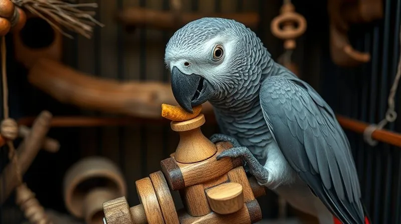 A photorealistic image of an elderly African Grey parrot carefully extracting a treat from a complex wooden puzzle toy, its eyes focused. The cage interior is well-lit with natural light, showcasing various textures and natural perches. Professional photography, 8K hyper-detailed, sharp focus, depth of field, shot on a high-end DSLR.