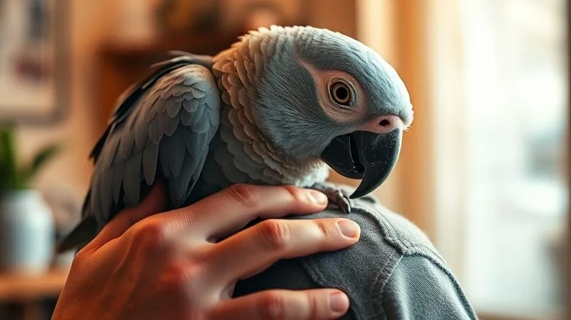 A photorealistic, professional photography of an elderly parrot gently perched on a human's shoulder, with the human's hand softly stroking its head. The interaction is tender and full of affection, bathed in warm, soft cinematic lighting. Sharp focus on the parrot and the hand, depth of field blurring a domestic background, 8K hyper-detailed, shot on a high-end DSLR.