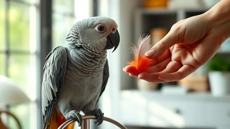 A photorealistic image of an elderly parrot comfortably perched on a stand, observing a gentle, new feather toy being slowly introduced by a human hand. The scene is calm and curious, with soft, natural light illuminating the interaction. Professional photography, 8K hyper-detailed, sharp focus on the parrot's curious expression, depth of field blurring a serene home background, shot on a high-end DSLR.