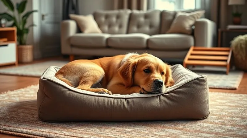 photorealistic, professional photography, 8K, cinematic lighting, sharp focus, depth of field, shot on a high-end DSLR. A cozy living room environment, with an elderly dog (golden retriever mix) comfortably lying on a thick, orthopedic dog bed. Soft, non-slip rugs cover the floor. A small, gentle ramp leads up to a sofa in the background. The lighting is warm and inviting, emphasizing comfort and safety for a senior pet.